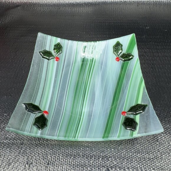 Vintage Fused Art Glass Square Dish Plate White Green Swirl Festive Holiday VTG - Picture 1 of 12
